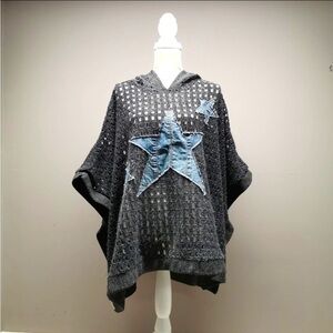 Charcoal Grey Crochet Denim Star hooded Poncho